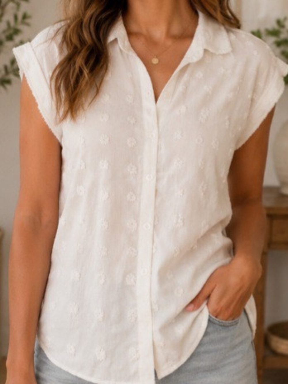 Women's White Embroidered Cap-Sleeve Button-Down Shirt
